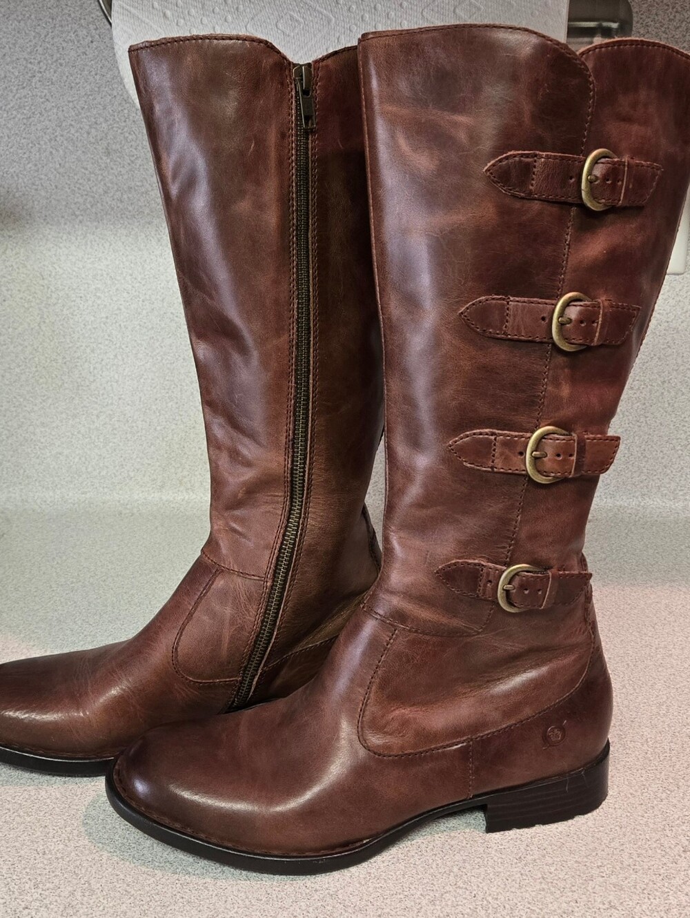 Women's Born Brown Tall Leather Buckle Riding Boots D76016, Size 8.5M